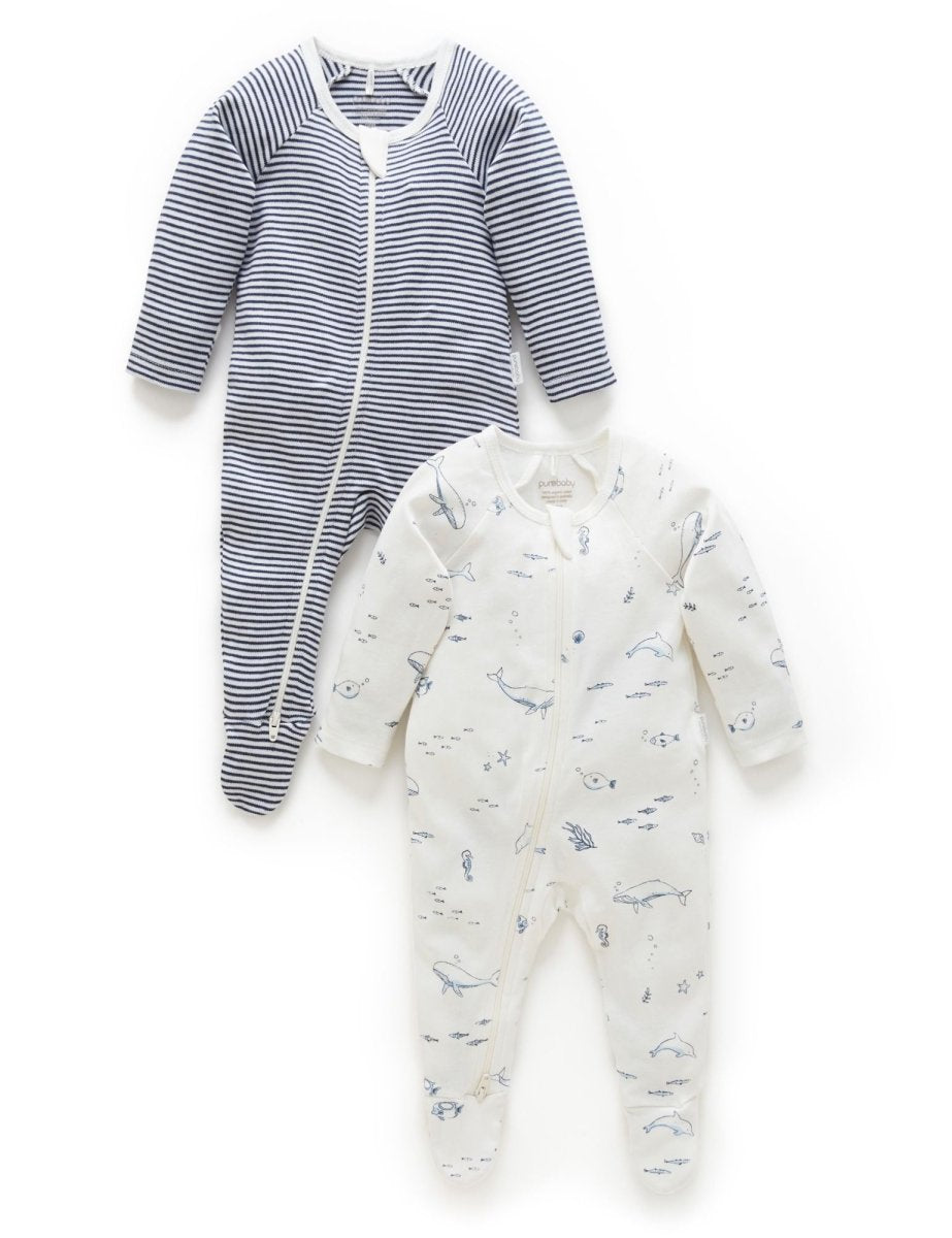 2 Piece Zip Growsuit - Vanilla Nautical | Purebaby | Baby & Toddler Growsuits & Rompers | Thirty 16 Williamstown