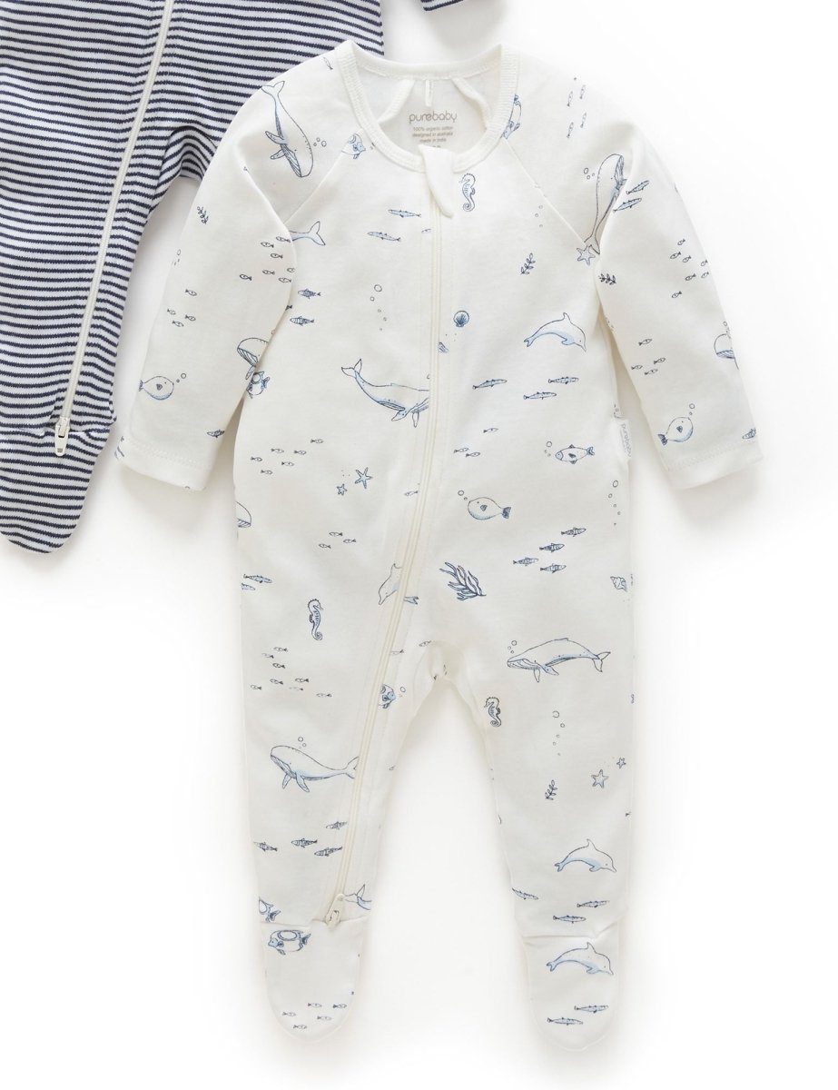 2 Piece Zip Growsuit - Vanilla Nautical | Purebaby | Baby & Toddler Growsuits & Rompers | Thirty 16 Williamstown