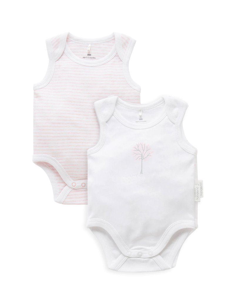 2 Pkt Singlet Bodysuit White/Pale Pink Melange Stripe | Purebaby | Baby & Toddler Bodysuits & Singlets | Thirty 16 Williamstown