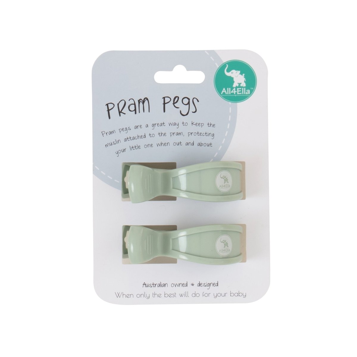 2 Pram Pegs - Sage | All 4 Ella | Bedding, Blankets &amp; Swaddles | Thirty 16 Williamstown