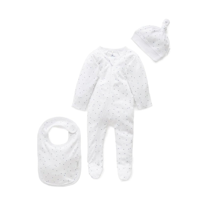 3 Piece Gift Pack - Pale Blue Spot | Purebaby | Baby &amp; Toddler Growsuits &amp; Rompers | Thirty 16 Williamstown