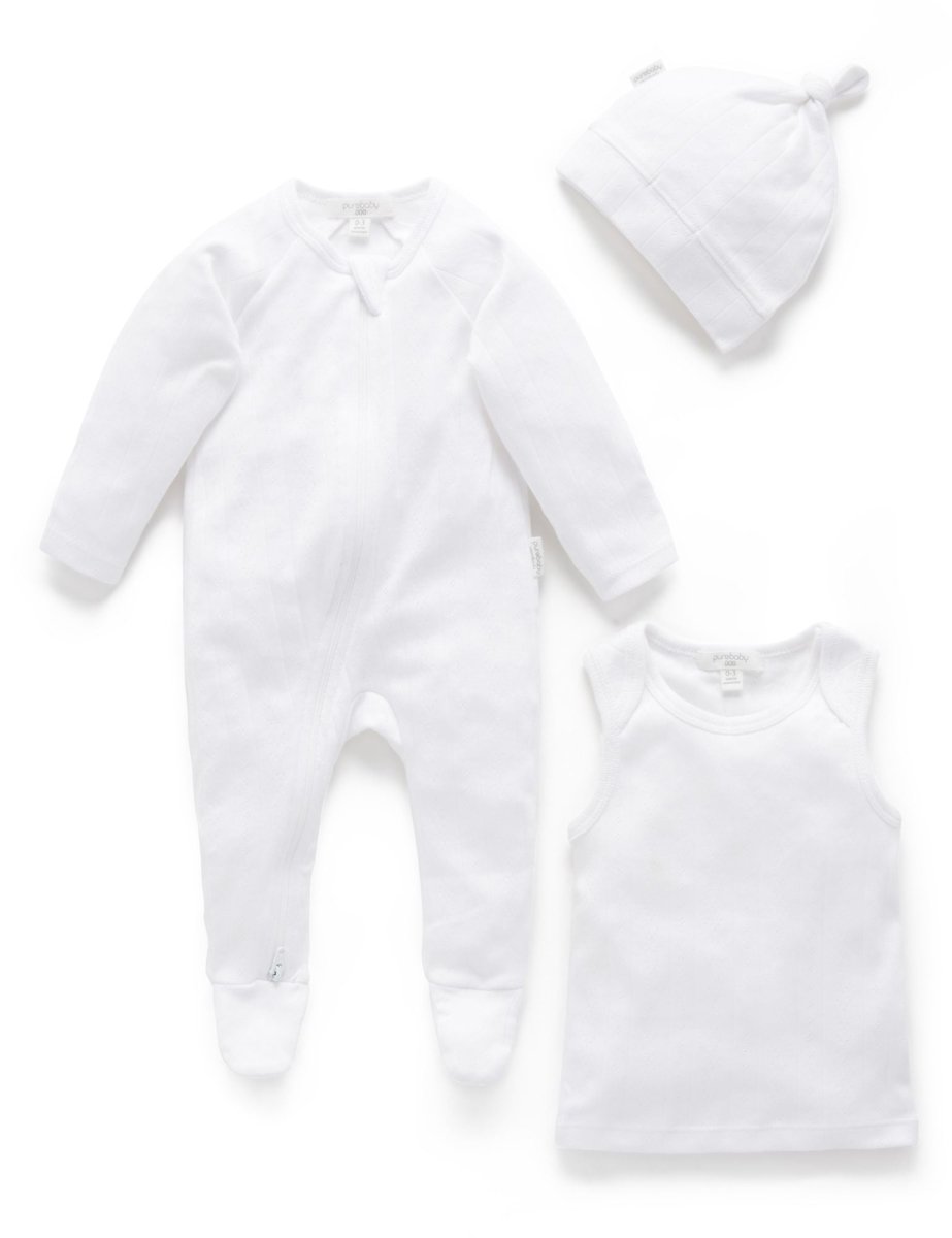 3 Piece Gift Pack - Pointelle White | Purebaby | Baby & Toddler Growsuits & Rompers | Thirty 16 Williamstown