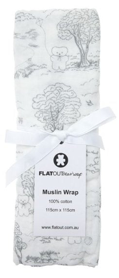 Muslin Wrap – Grey | FLATOUT Bears | Bedding, Blankets & Swaddles | Thirty 16 Williamstown