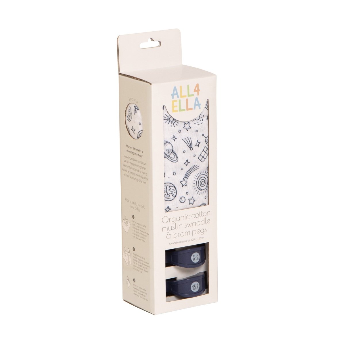 Organic Muslin &amp; 2 Pram Peg Box Set - Outer Space | All 4 Ella | Bedding, Blankets &amp; Swaddles | Thirty 16 Williamstown