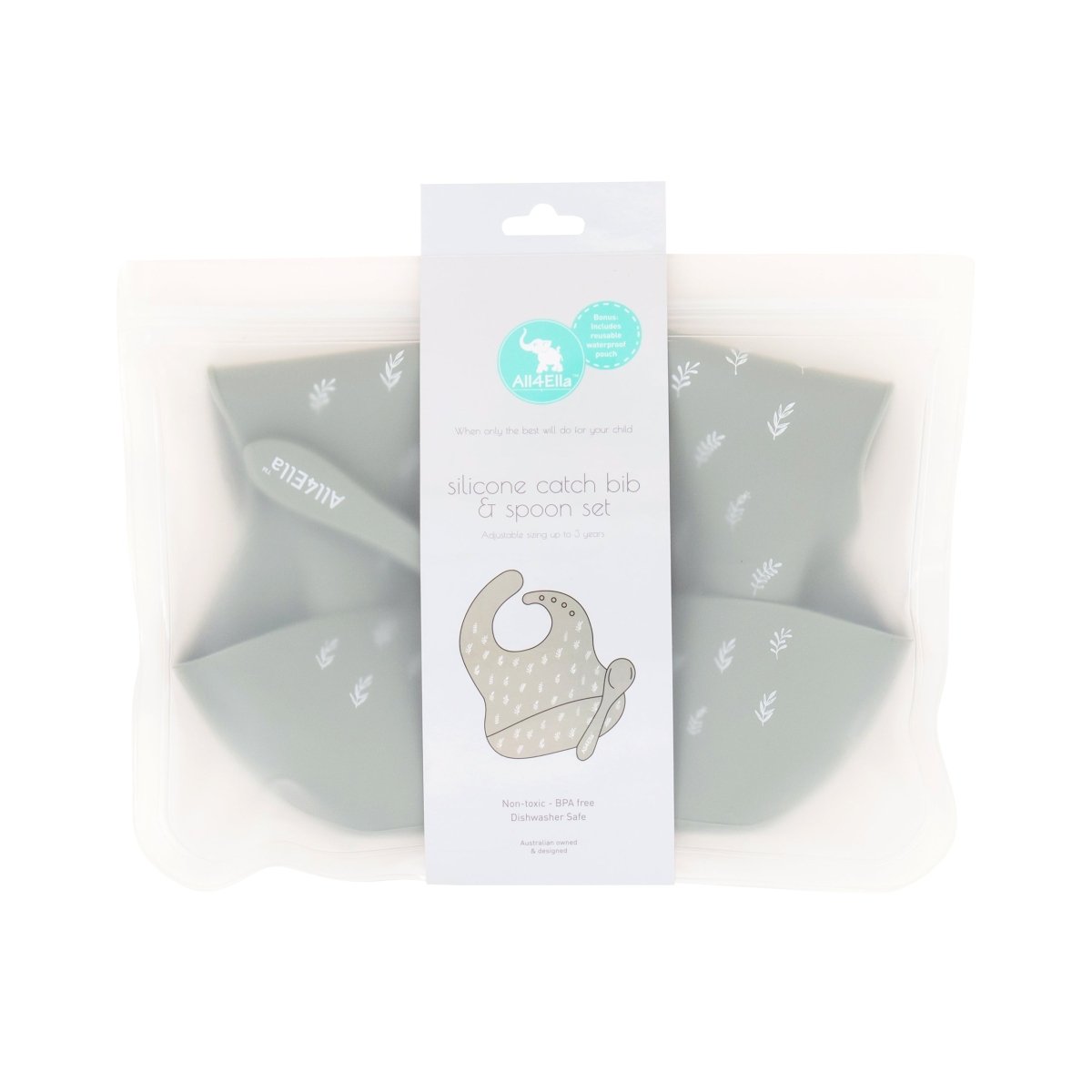Silicone Bib &amp; Spoon with Reusable Pouch - Olive | All 4 Ella | Bibs &amp; Bandana Bibs | Thirty 16 Williamstown