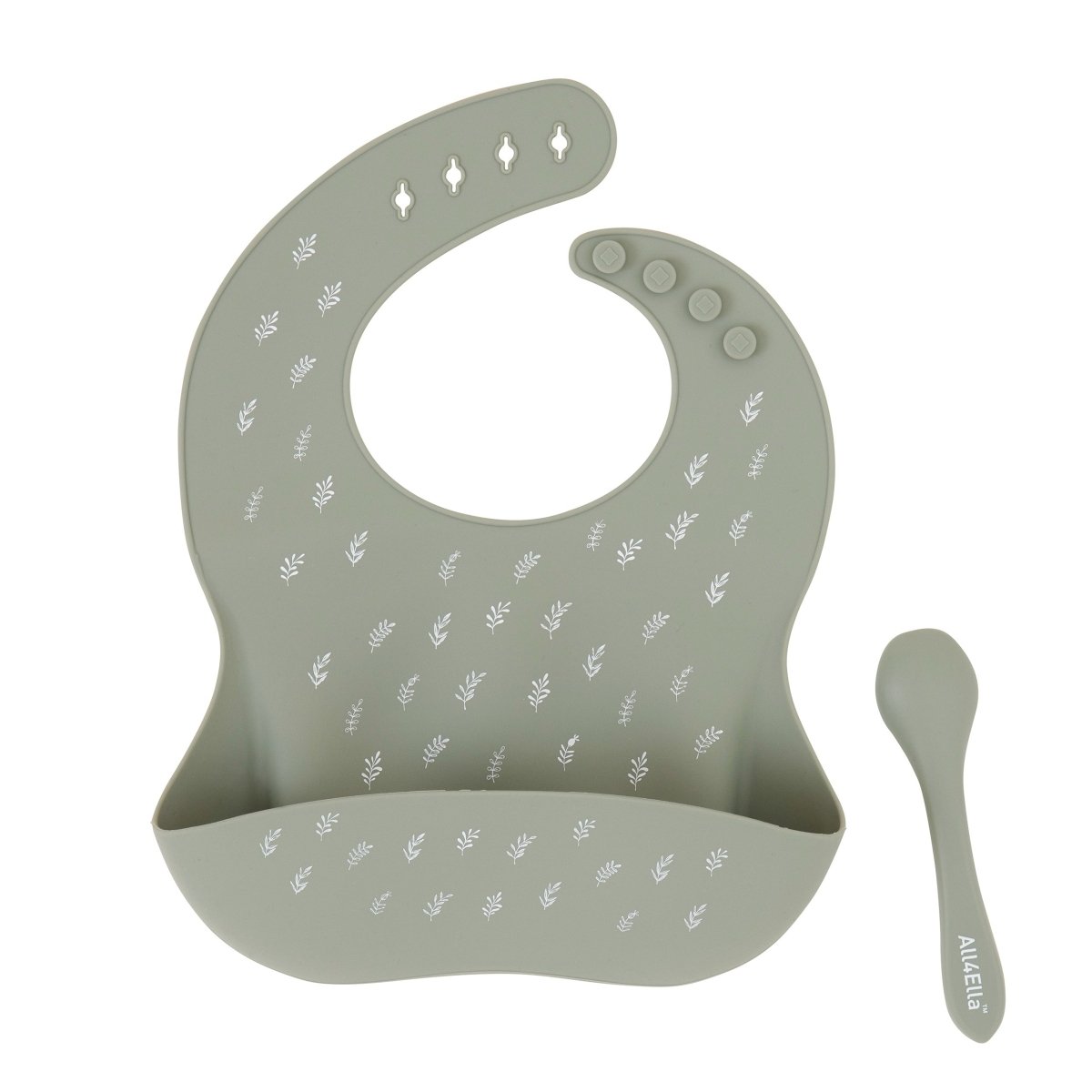 Silicone Bib & Spoon with Reusable Pouch - Olive | All 4 Ella | Bibs & Bandana Bibs | Thirty 16 Williamstown