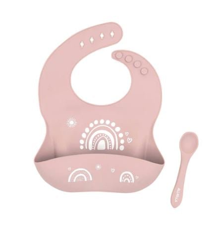 Silicone Bib &amp; Spoon with Reusable Pouch - Rainbow Dusty Pink | All 4 Ella | Bibs &amp; Bandana Bibs | Thirty 16 Williamstown