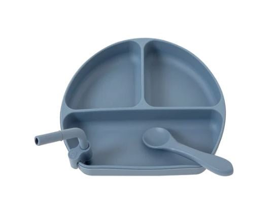 Silicone Plate with Straw & Spoon - Slate Blue | All 4 Ella | Children's Dinnerware | Thirty 16 Williamstown
