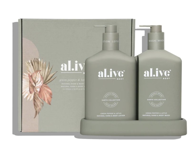 The Duo - Hand &amp; Body Wash &amp; Lotion + Tray - Green Pepper &amp; Lotus | Al.ive Body | Body Lotion &amp; Wash | Thirty 16 Williamstown