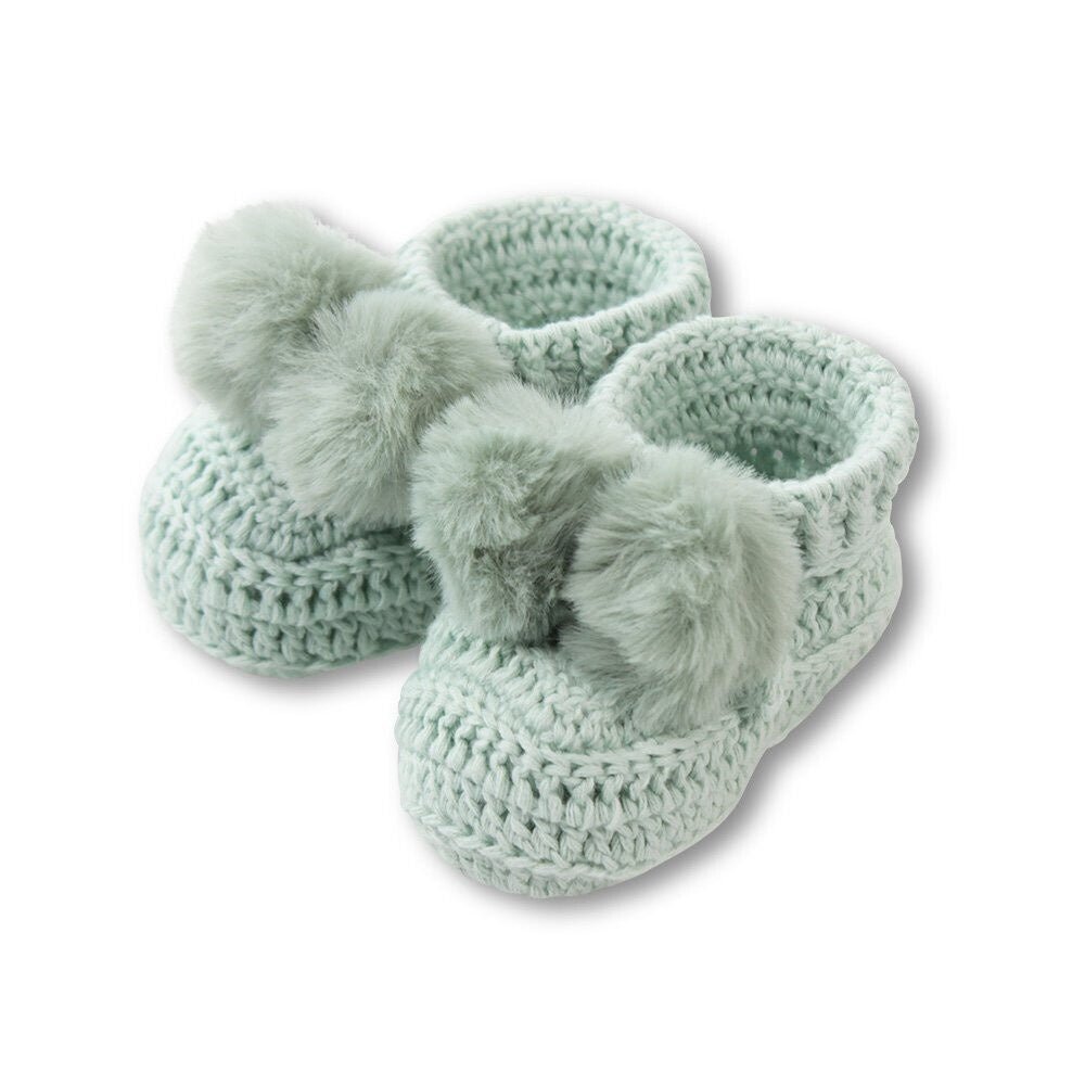 Topsy Faux Fur Pom Pom Booties - Mint | DLUX | Pre Walkers, Booties &amp; Mittens | Thirty 16 Williamstown