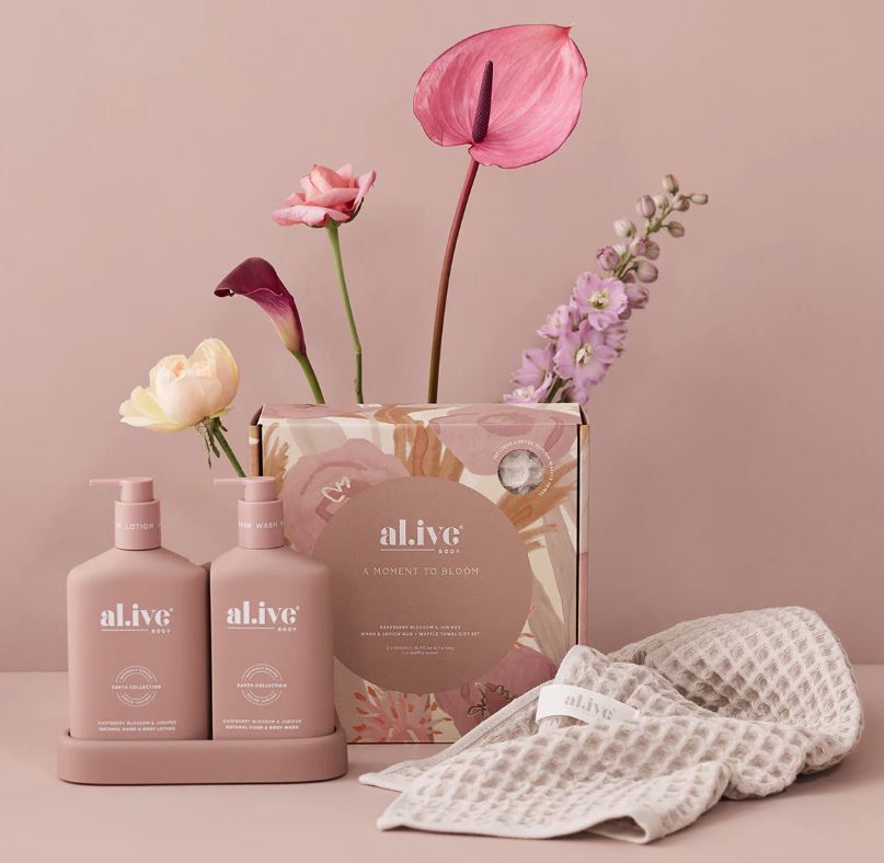 Wash &amp; Lotion Duo + Waffle Towel Gift Set - Raspberry Blossom &amp; Juniper | Al.ive Body | Body Lotion &amp; Wash | Thirty 16 Williamstown