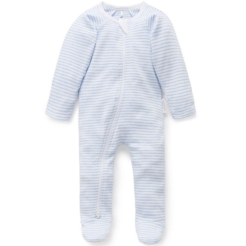 Zip Growsuit - Stripe Pale Blue Melange | Purebaby | Baby &amp; Toddler Growsuits &amp; Rompers | Thirty 16 Williamstown