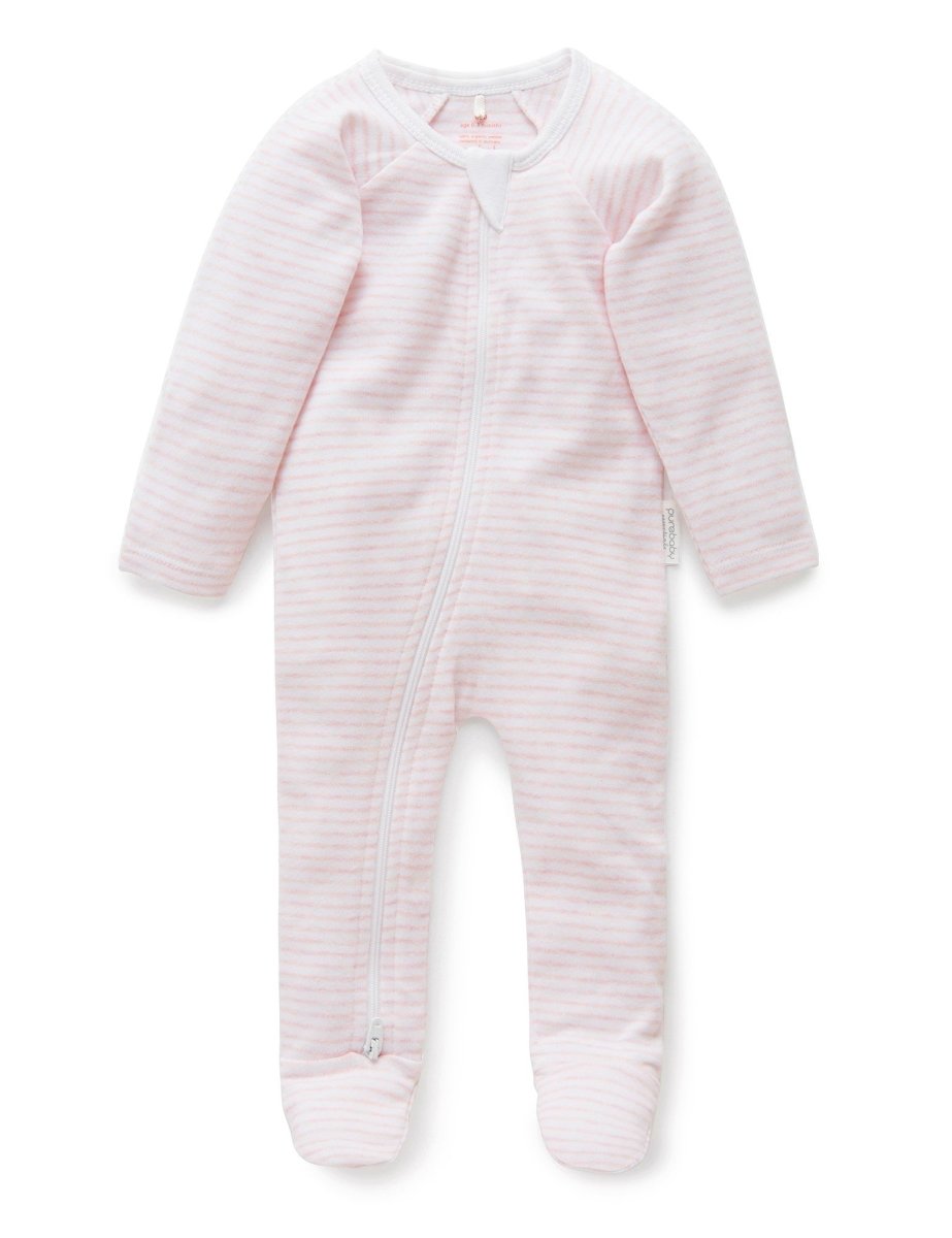 Zip Growsuit - Stripe Pale Pink Melange | Purebaby | Baby & Toddler Growsuits & Rompers | Thirty 16 Williamstown